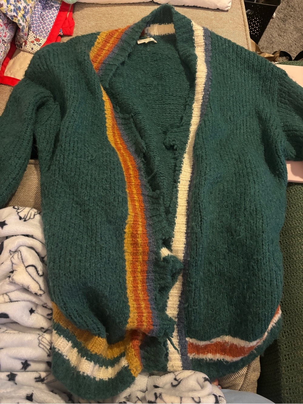 Le Lis Teal Open-Front Cardigan with Multicolor Stripe Trim